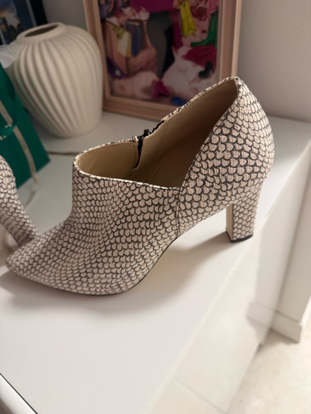 Cole Haan Cream Snake-Print Pointed Toe Ankle Boots - Picture 2 of 6